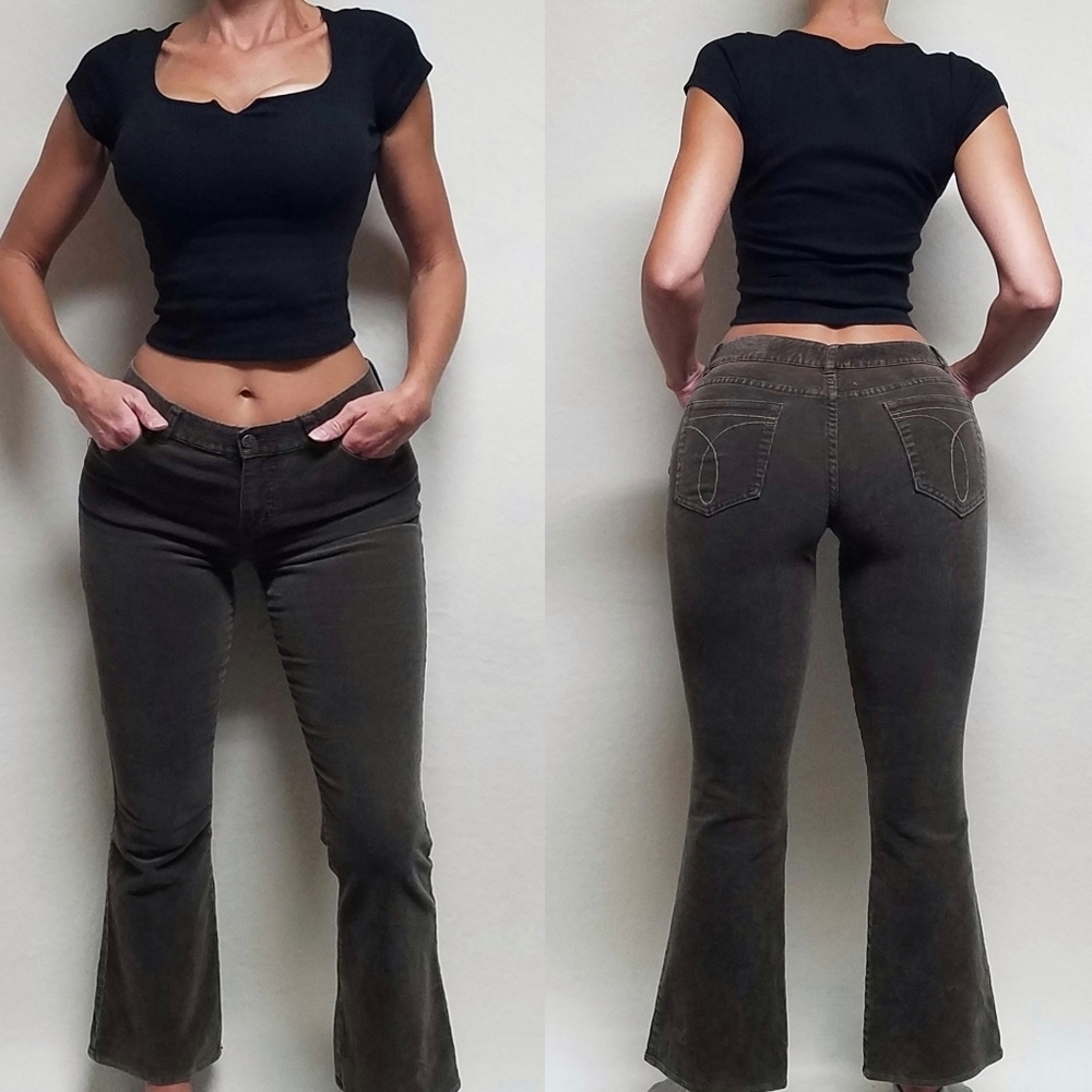 90s Vintage Calvin Klein Stretchy Ash Brown Corduroy Mid Rise Crop Flare Jeans 6